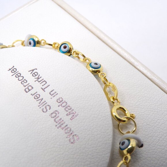 Sterling Silver Turkish Evil Eye Bracelet, Gold Finish, Protection Jewelry - Picture 4 of 6